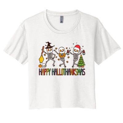 Happy Hallothanksmas Skeleton Halloween Thanksgiving Xmas Women's Crop Top Tee