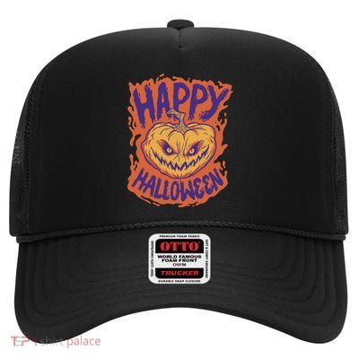 Happy Halloween Spooky Pumpkin High Crown Mesh Back Trucker Hat