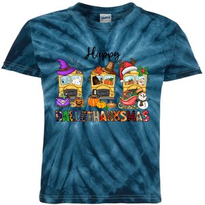 Happy Hallothanksmas School Bus Halloween Thanksgiving Christmas Kids Tie-Dye T-Shirt