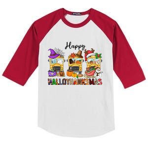 Happy Hallothanksmas School Bus Halloween Thanksgiving Christmas Kids Colorblock Raglan Jersey