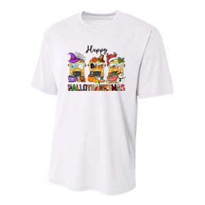 Happy Hallothanksmas School Bus Halloween Thanksgiving Christmas Youth Performance Sprint T-Shirt