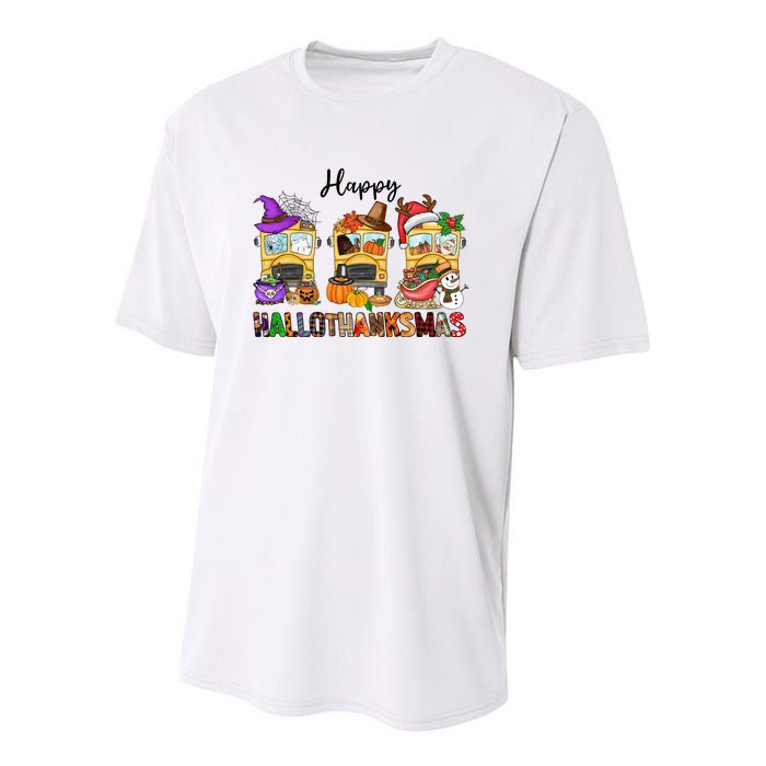 Happy Hallothanksmas School Bus Halloween Thanksgiving Christmas Youth Performance Sprint T-Shirt