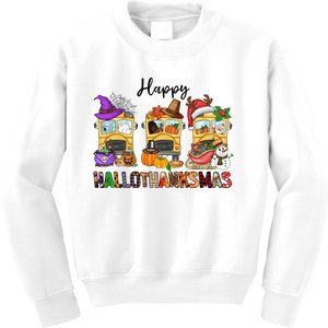 Happy Hallothanksmas School Bus Halloween Thanksgiving Christmas Kids Sweatshirt