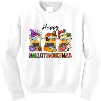 Happy Hallothanksmas School Bus Halloween Thanksgiving Christmas Kids Sweatshirt