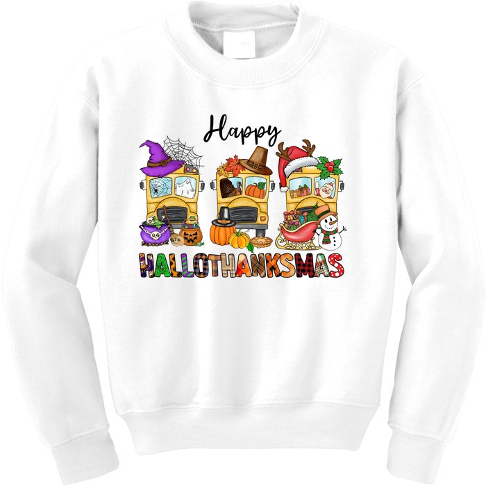 Happy Hallothanksmas School Bus Halloween Thanksgiving Christmas Kids Sweatshirt