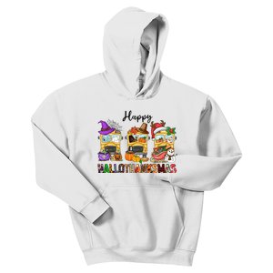 Happy Hallothanksmas School Bus Halloween Thanksgiving Christmas Kids Hoodie