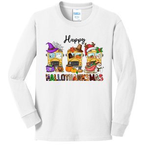 Happy Hallothanksmas School Bus Halloween Thanksgiving Christmas Kids Long Sleeve Shirt