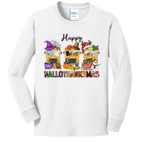 Happy Hallothanksmas School Bus Halloween Thanksgiving Christmas Kids Long Sleeve Shirt