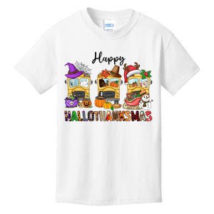 Happy Hallothanksmas School Bus Halloween Thanksgiving Christmas Kids T-Shirt