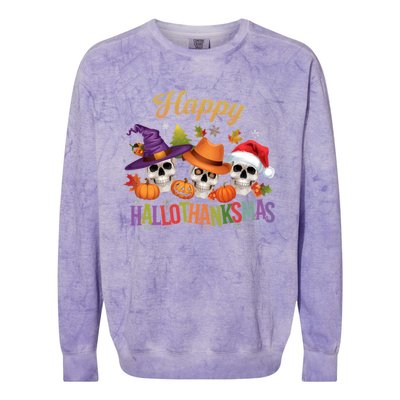 Happy Hallothanksmas Skull Halloween Thanksgiving Xmas Funny Gift Colorblast Crewneck Sweatshirt