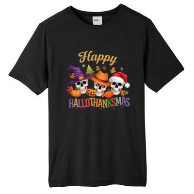 Happy Hallothanksmas Skull Halloween Thanksgiving Xmas Funny Gift Tall Fusion ChromaSoft Performance T-Shirt