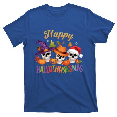 Happy Hallothanksmas Skull Halloween Thanksgiving Xmas Funny Gift T-Shirt