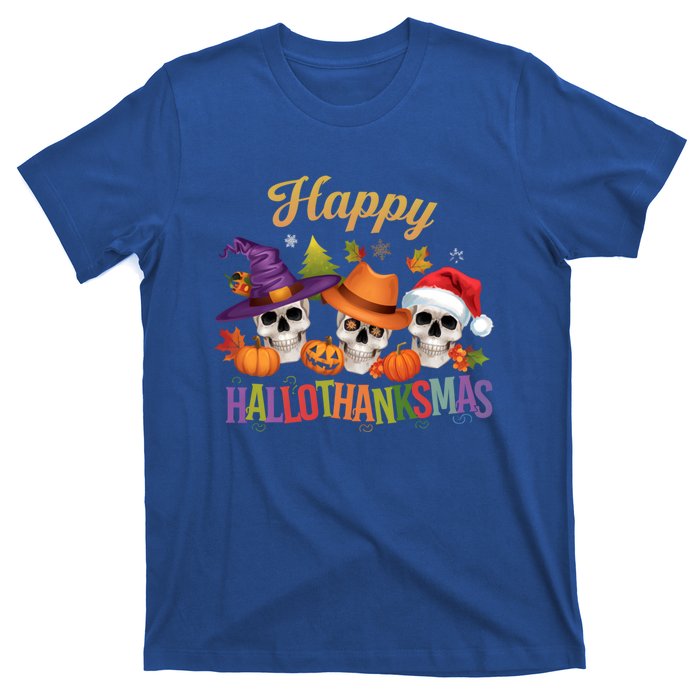 Happy Hallothanksmas Skull Halloween Thanksgiving Xmas Funny Gift T-Shirt