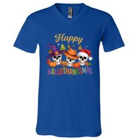 Happy Hallothanksmas Skull Halloween Thanksgiving Xmas Funny Gift V-Neck T-Shirt