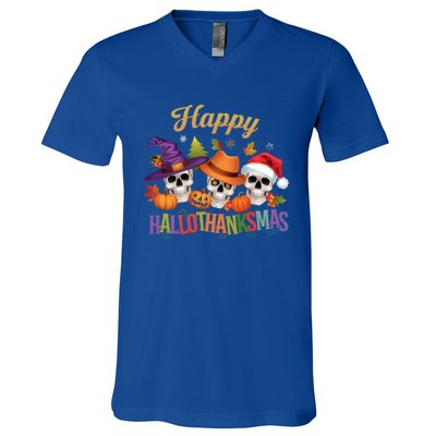 Happy Hallothanksmas Skull Halloween Thanksgiving Xmas Funny Gift V-Neck T-Shirt