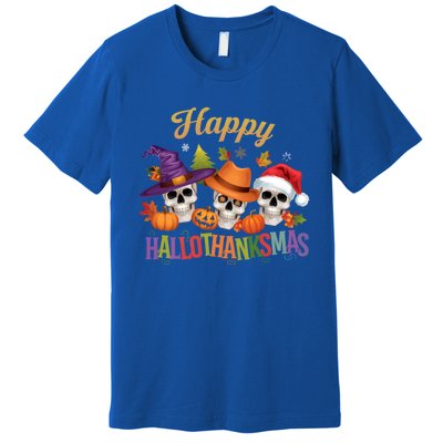 Happy Hallothanksmas Skull Halloween Thanksgiving Xmas Funny Gift Premium T-Shirt