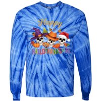 Happy Hallothanksmas Skull Halloween Thanksgiving Xmas Funny Gift Tie-Dye Long Sleeve Shirt