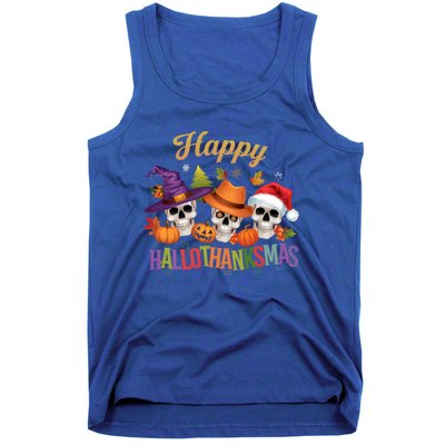 Happy Hallothanksmas Skull Halloween Thanksgiving Xmas Funny Gift Tank Top