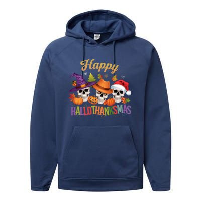 Happy Hallothanksmas Skull Halloween Thanksgiving Xmas Funny Gift Performance Fleece Hoodie