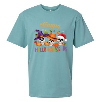 Happy Hallothanksmas Skull Halloween Thanksgiving Xmas Funny Gift Sueded Cloud Jersey T-Shirt