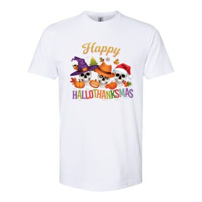 Happy Hallothanksmas Skull Halloween Thanksgiving Xmas Funny Gift Softstyle CVC T-Shirt