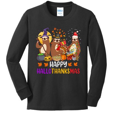 Happy Hallothanksmas Sloth Halloween Christmas Fall Autumn Kids Long Sleeve Shirt