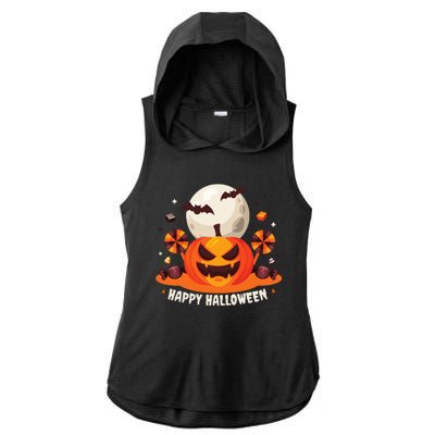 Happy Halloween Spooky Pumpkin Candy Ladies PosiCharge Tri-Blend Wicking Draft Hoodie Tank