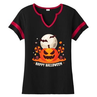 Happy Halloween Spooky Pumpkin Candy Ladies Halftime Notch Neck Tee