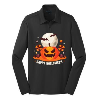 Happy Halloween Spooky Pumpkin Candy Silk Touch Performance Long Sleeve Polo