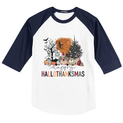 Happy Hallothanksmas Skeleton Turkey Christmas Halloween Gift Baseball Sleeve Shirt