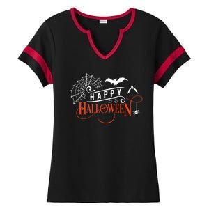 Happy Halloween Spiderweb Spooky Ladies Halftime Notch Neck Tee