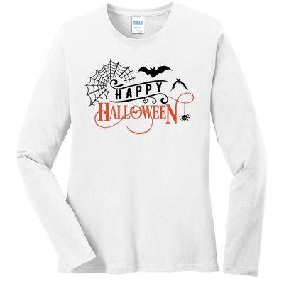 Happy Halloween Spiderweb Spooky Ladies Long Sleeve Shirt