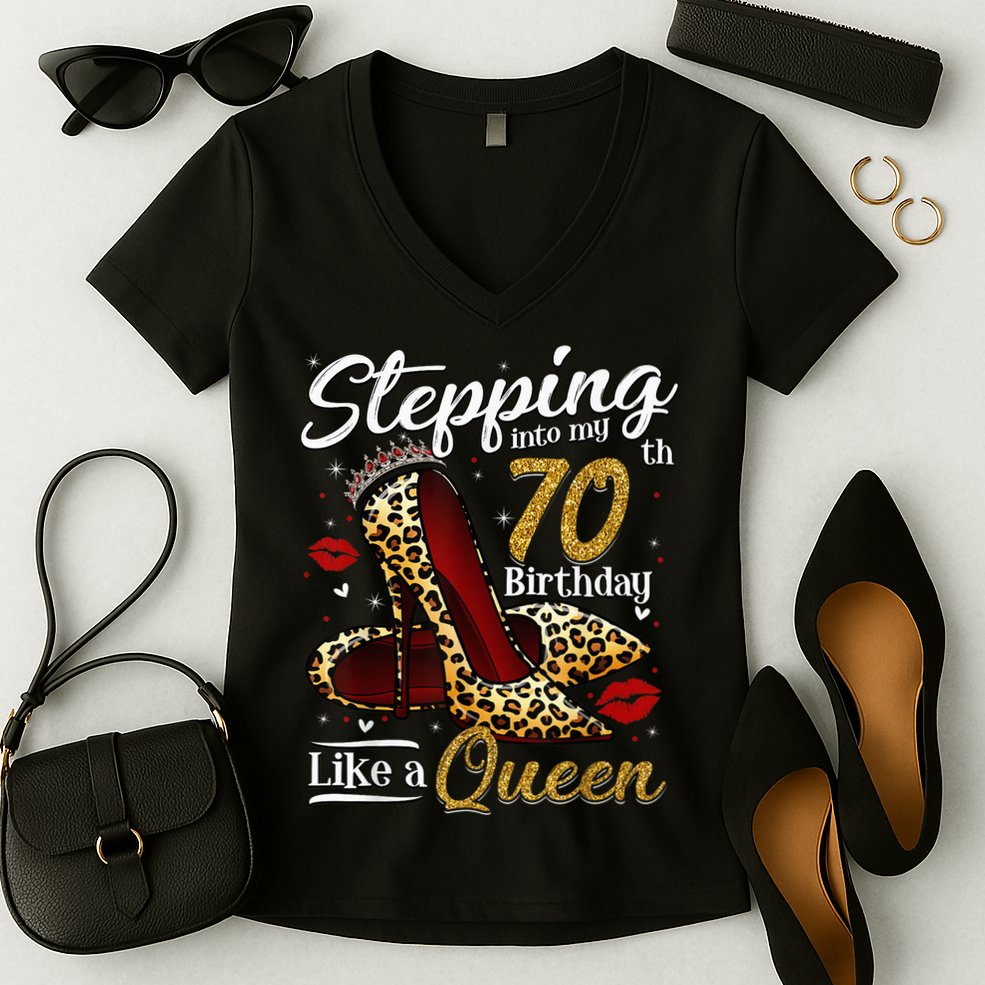 High Heels Stepping Into My 70th Birthday 70 and Fabulous Women's V-Neck T-Shirt