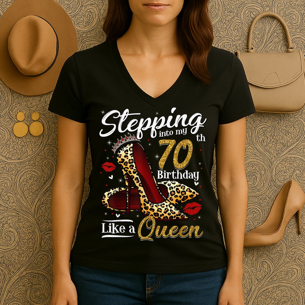High Heels Stepping Into My 70th Birthday 70 and Fabulous Women's V-Neck T-Shirt