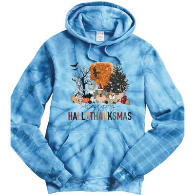 Happy Hallothanksmas Skeleton Turkey Christmas Halloween Tie Dye Hoodie