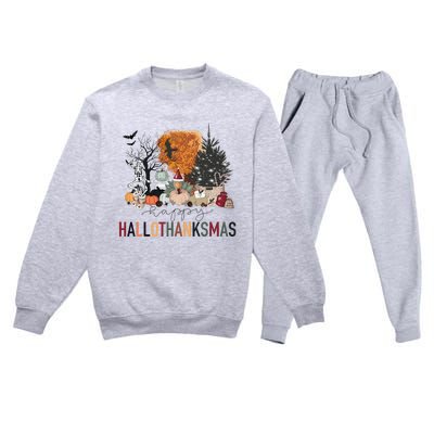 Happy Hallothanksmas Skeleton Turkey Christmas Halloween Premium Crewneck Sweatsuit Set