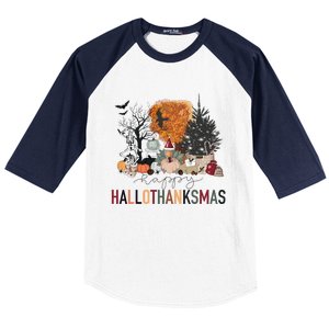 Happy Hallothanksmas Skeleton Turkey Christmas Halloween Baseball Sleeve Shirt