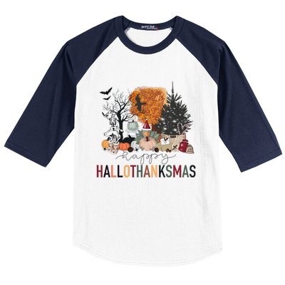 Happy Hallothanksmas Skeleton Turkey Christmas Halloween Baseball Sleeve Shirt