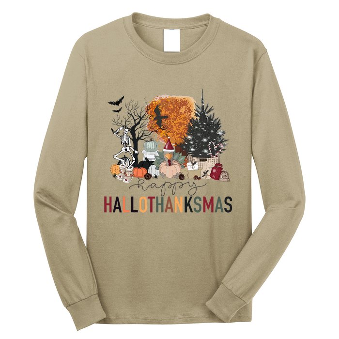 Happy Hallothanksmas Skeleton Turkey Christmas Halloween Long Sleeve Shirt