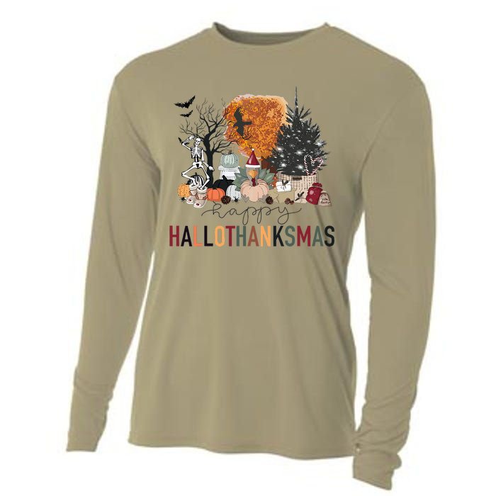 Happy Hallothanksmas Skeleton Turkey Christmas Halloween Cooling Performance Long Sleeve Crew