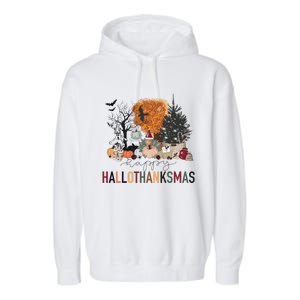 Happy Hallothanksmas Skeleton Turkey Christmas Halloween Garment-Dyed Fleece Hoodie