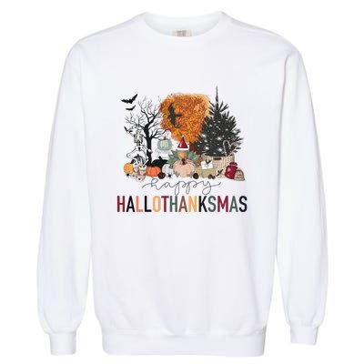 Happy Hallothanksmas Skeleton Turkey Christmas Halloween Garment-Dyed Sweatshirt