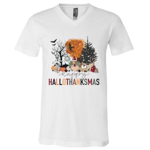 Happy Hallothanksmas Skeleton Turkey Christmas Halloween V-Neck T-Shirt