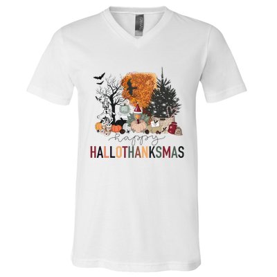 Happy Hallothanksmas Skeleton Turkey Christmas Halloween V-Neck T-Shirt