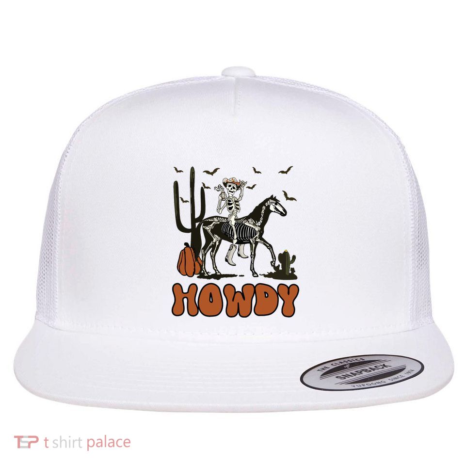 Halloween Howdy Skeleton With Horse And Cowboy Hat Flat Bill Trucker Hat