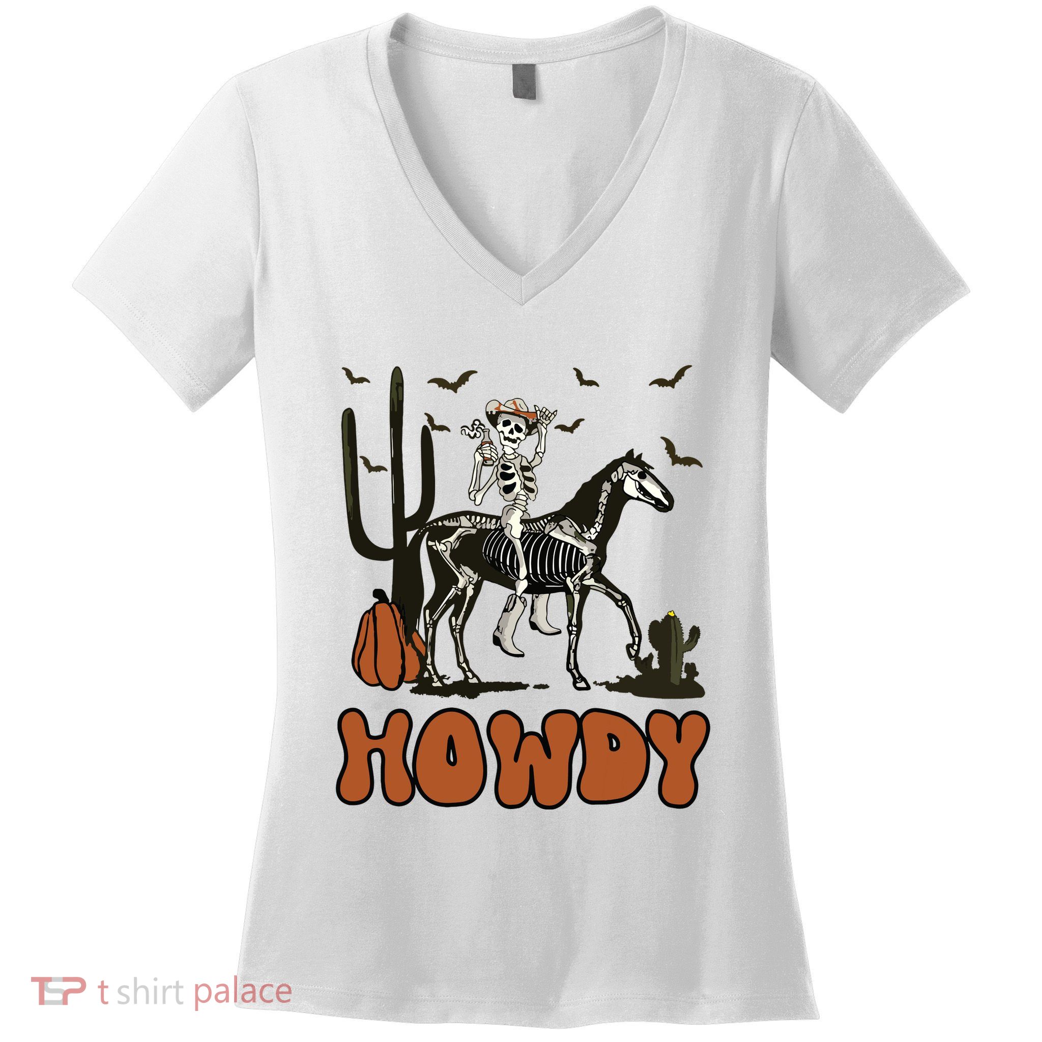 Halloween Howdy Skeleton With Horse And Cowboy Hat Women's V-Neck T-Shirt