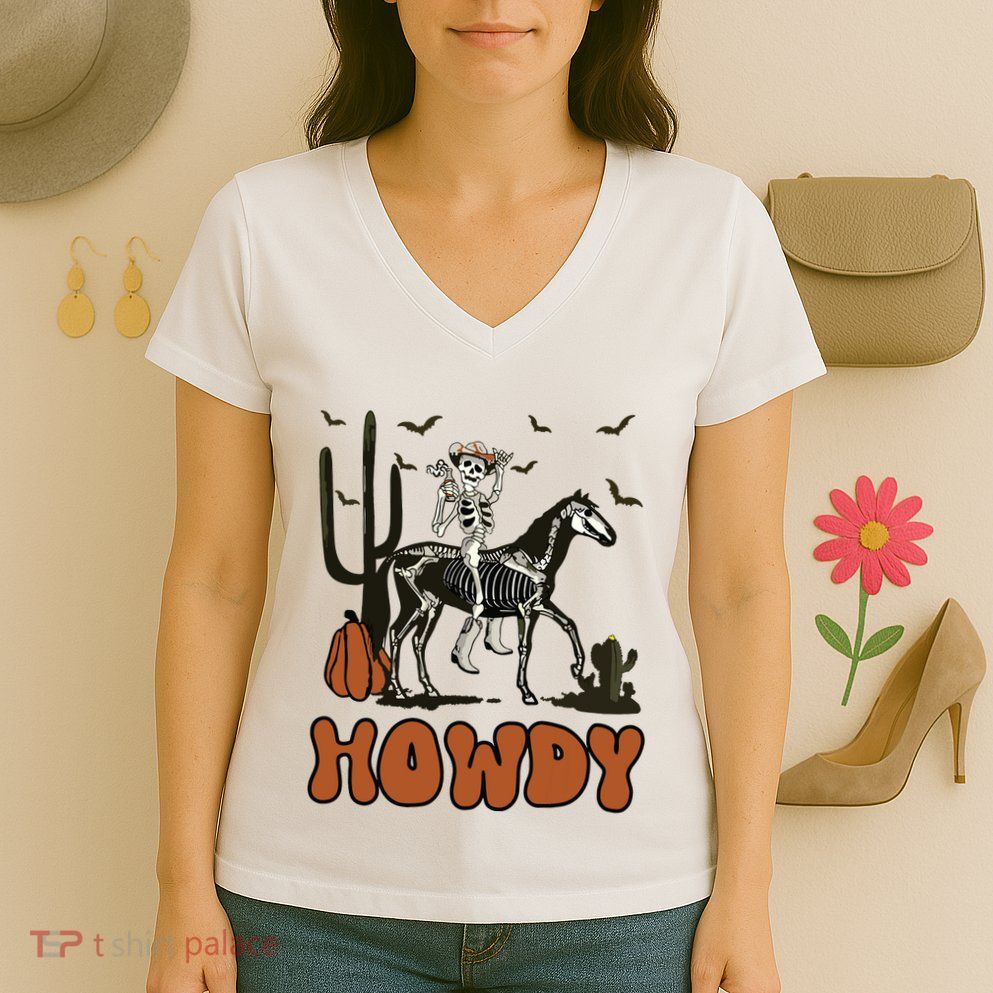 Halloween Howdy Skeleton With Horse And Cowboy Hat Women's V-Neck T-Shirt