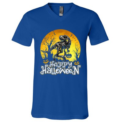 Happy Halloween Spooky Trex Skeleton Dinosaur Gift V-Neck T-Shirt