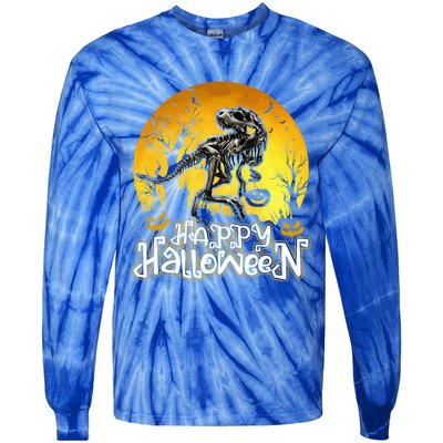 Happy Halloween Spooky Trex Skeleton Dinosaur Gift Tie-Dye Long Sleeve Shirt