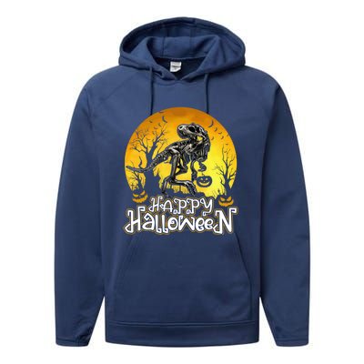 Happy Halloween Spooky Trex Skeleton Dinosaur Gift Performance Fleece Hoodie